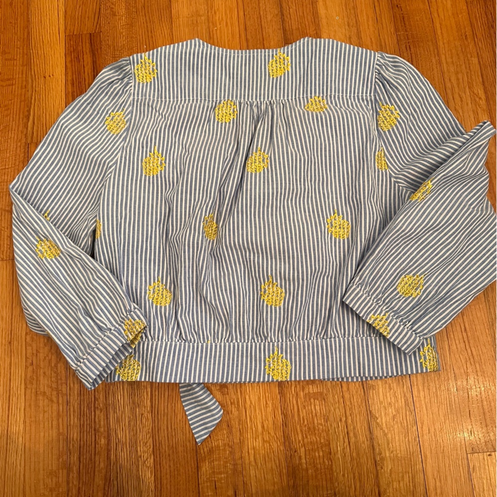 J Crew Womens Blue & White Striped WrapEmbroidered Pineapple Top Bluse Sz L(k11) - Picture 9 of 15